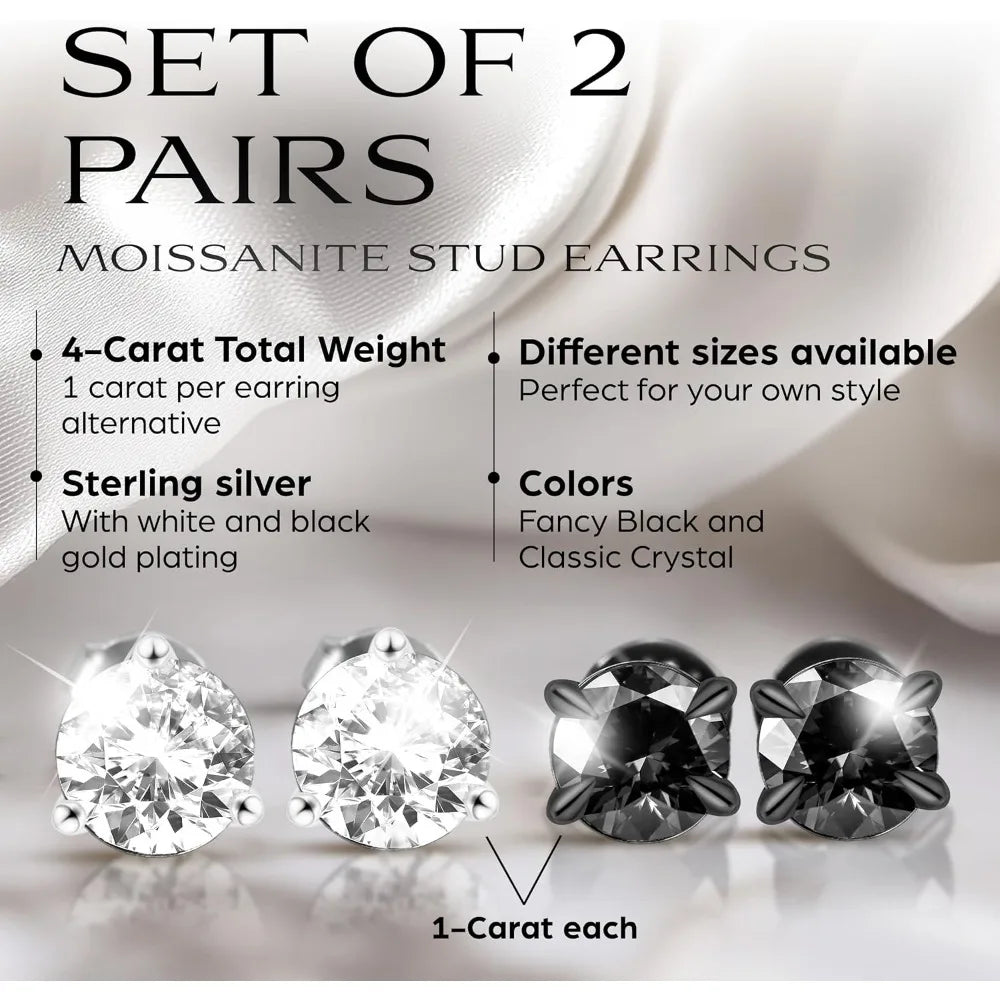Moissanite earrings, 14K Black and White Gold plated 925 sterling silver, D Color VVS1 Clarity, 2 pairs in a Signature set, Luxu