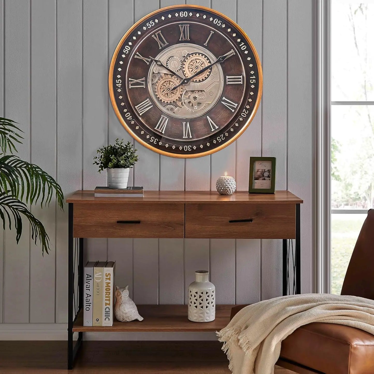 24 Inch Moving Gears Wall Clock, Industrial Steampunk Antique Gold Roman Numeral Decor for Living Room