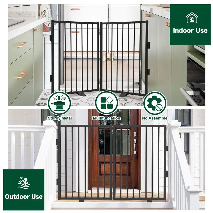 Full Metal Freestanding Dog Gate,Indoor Pet Gate with Floor Protect Support Feet, 40x32Inches Foldable Dog Fence for Stairs, Hal