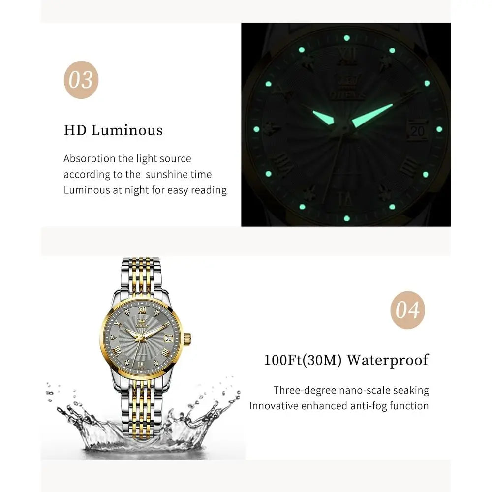 OLEVS Womens Automatic Watches Gold Classic Diamond Ladies Sel Winding Mechanical Two Tone StainlSteel Wrist Watch Date