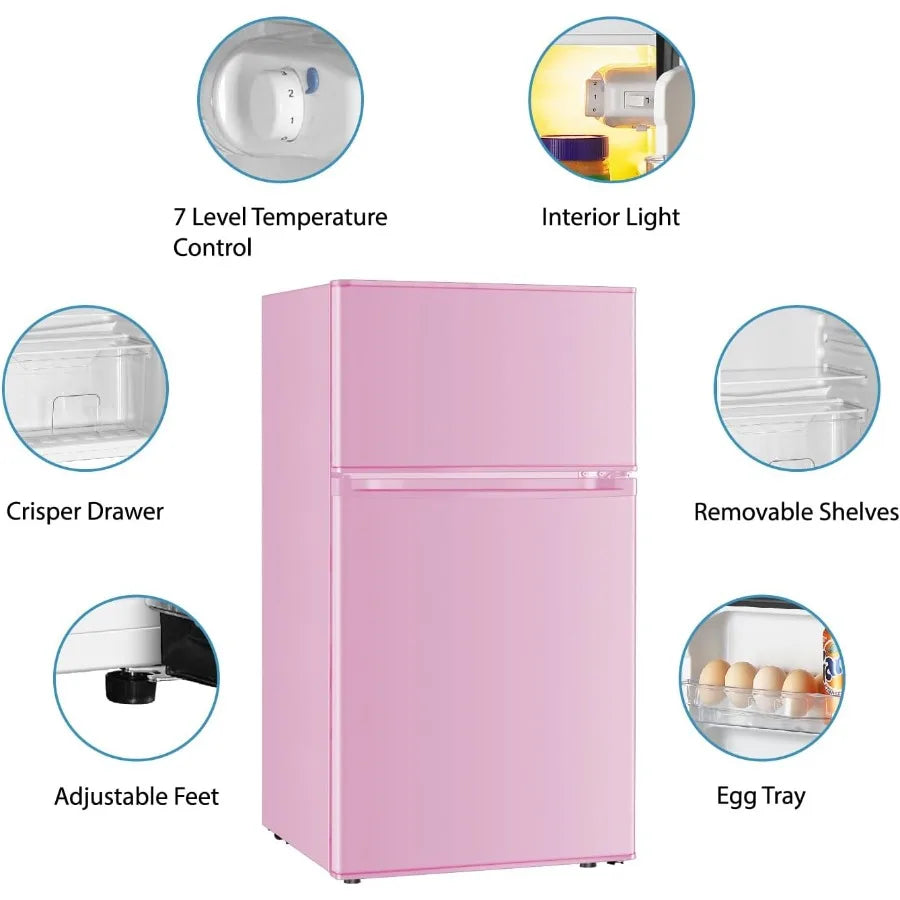 Compact 3.2 Cu.Ft Mini Fridge with Separate Freezer for Dorm Bedroom Office or Apartment 2-Door Design with 7-Level Temperature