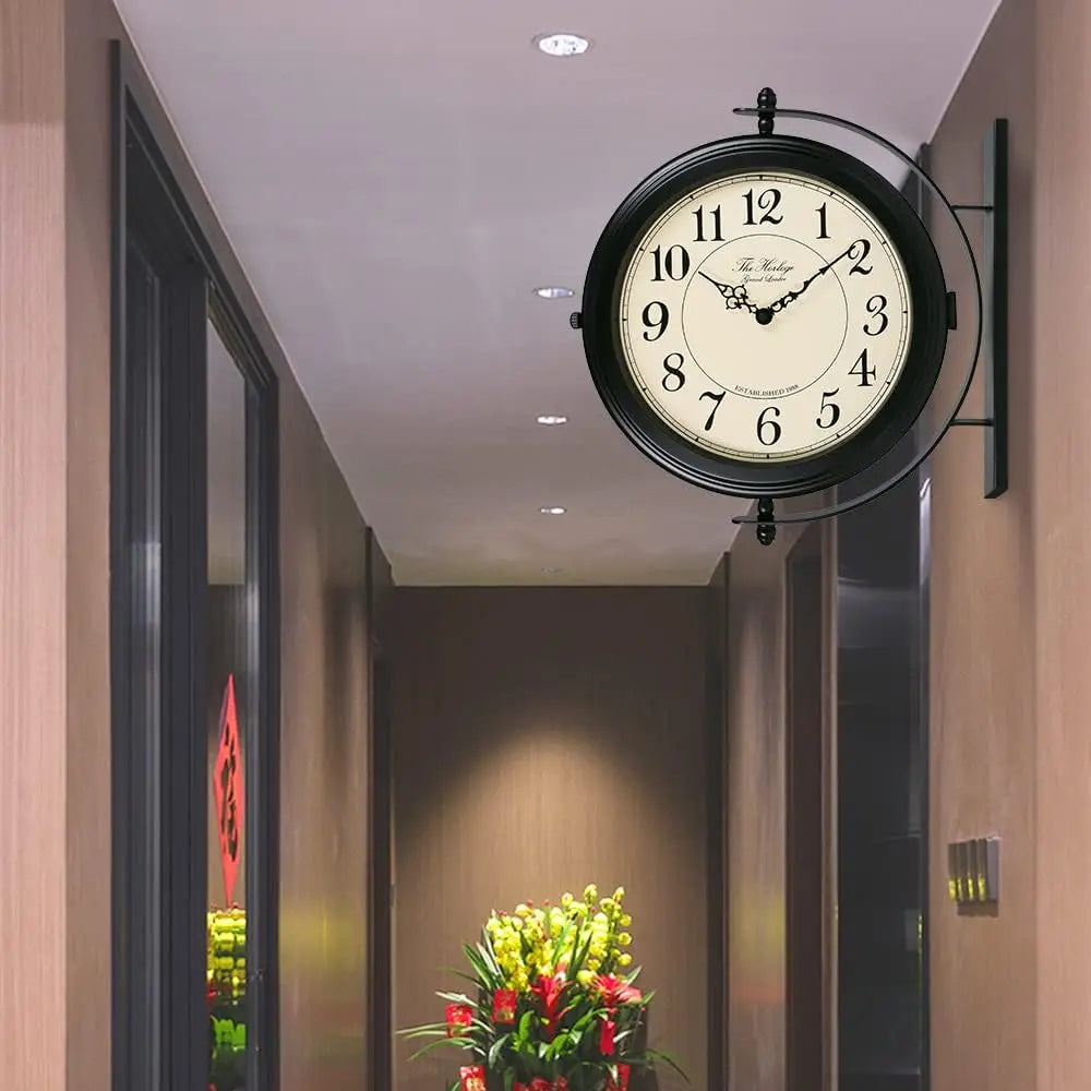 16-Inch Double Sided Metal Wall Clock with Black Frame, Easy Read for Indoor and Outdoor Decor