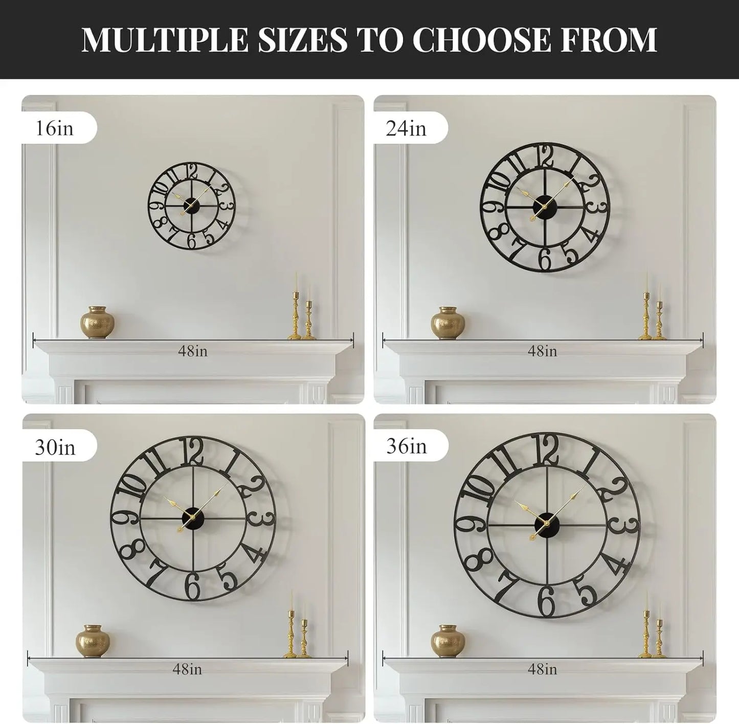 Large Wall Clock for Living Room Decor, 30 Inch Wall Clocks Battery-Operated Silent Non Ticking, Modern Black Decorative Metal C