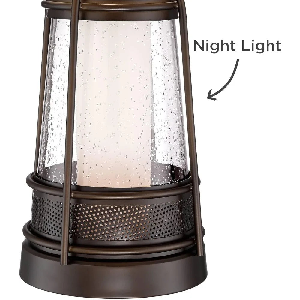 Industrial Rustic LED Nightlight Table Lamp 26 High Bronze Metal Seeded Glass Off-White Drum Shade