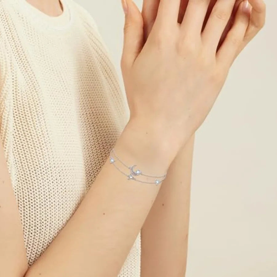 Moon Layered Bracelet 925 Sterling Silver Celtic Moon Moonstone Anklet Irish Celtic Knot Jewelry Gifts for Women