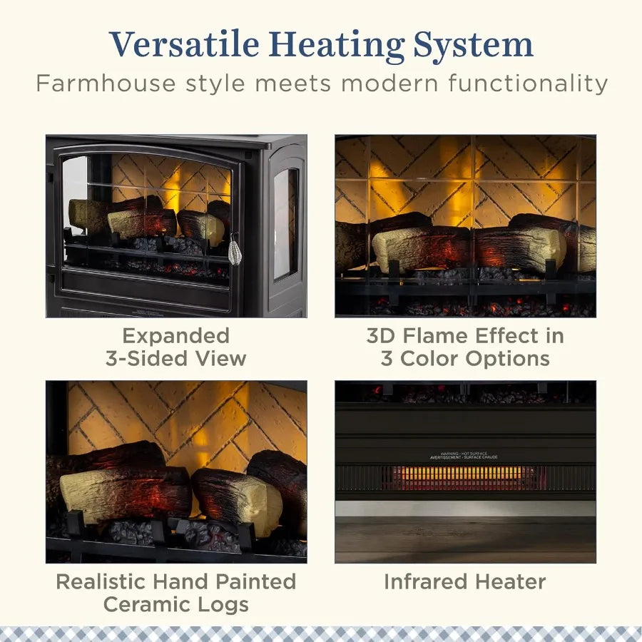 Infrared Freestanding Electric Fireplace Stove Heater in Bronze with Multiple Flame Colors and Faux Wooden Logs Metal Design Al