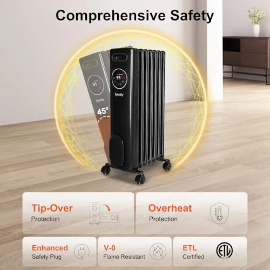 1500W Oil Filled Radiator Heater with Remote 24H On Off Timer Digital Thermostat 4 Mode Electric Radiant Heater ECO ETL Overhea