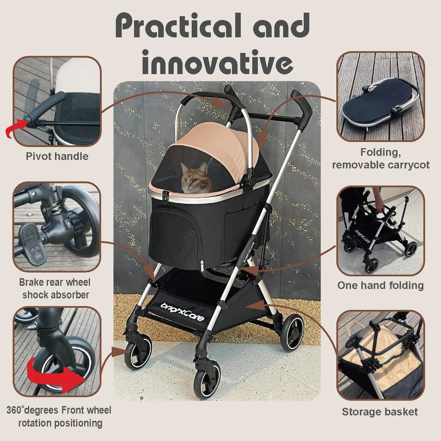 Lightweight Pet Stroller for Small Dogs & Cats Under 20 lb, Converts to Car Seat, One-Hand Fold