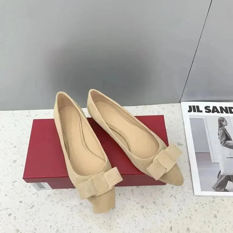 2025 Shallow mouth bow women's flat shoes leather new summer pointy flat heels fashion flat women's shoes