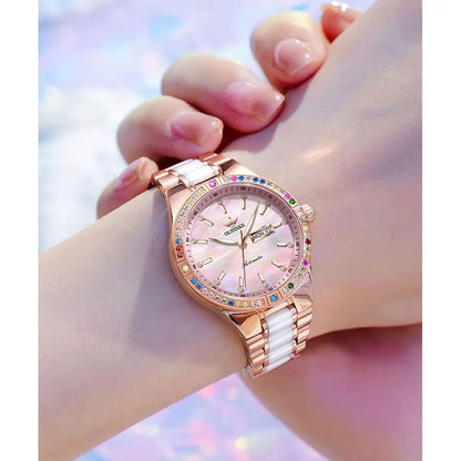 OUPINKE Women Automatic Watches Colorul Diamond Elegant Luxury DrLadies Rose Gold Mechanical Sapphire Crystal Wrist Watch