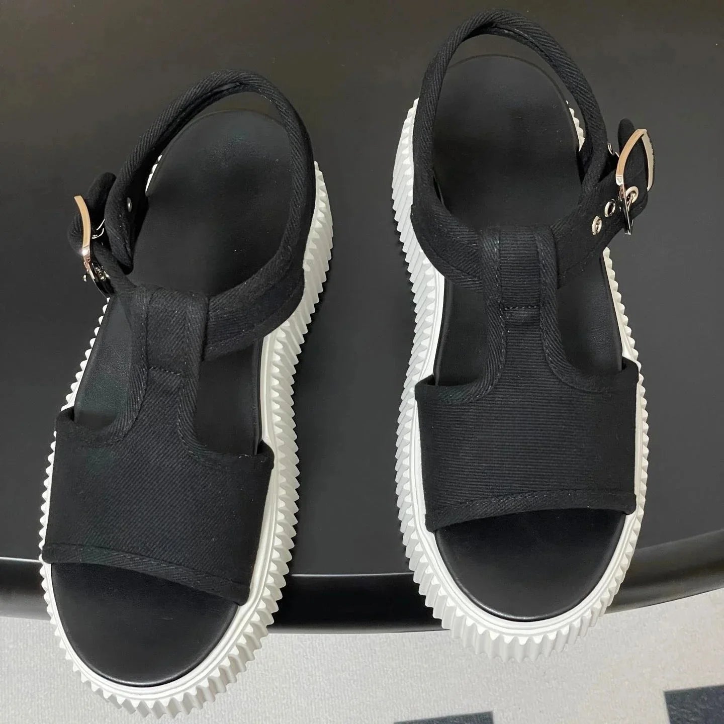 Newest Summer Canvas Shoes Fabric Open-Toe Thick Sole Buckle-Strap Woman Sandals Platform Mary Janes Gladiator Sandals