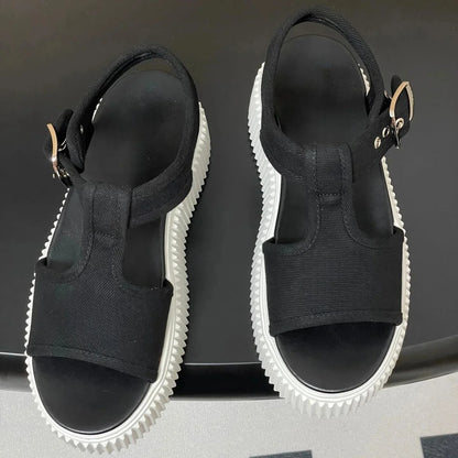 Newest Summer Canvas Shoes Fabric Open-Toe Thick Sole Buckle-Strap Woman Sandals Platform Mary Janes Gladiator Sandals