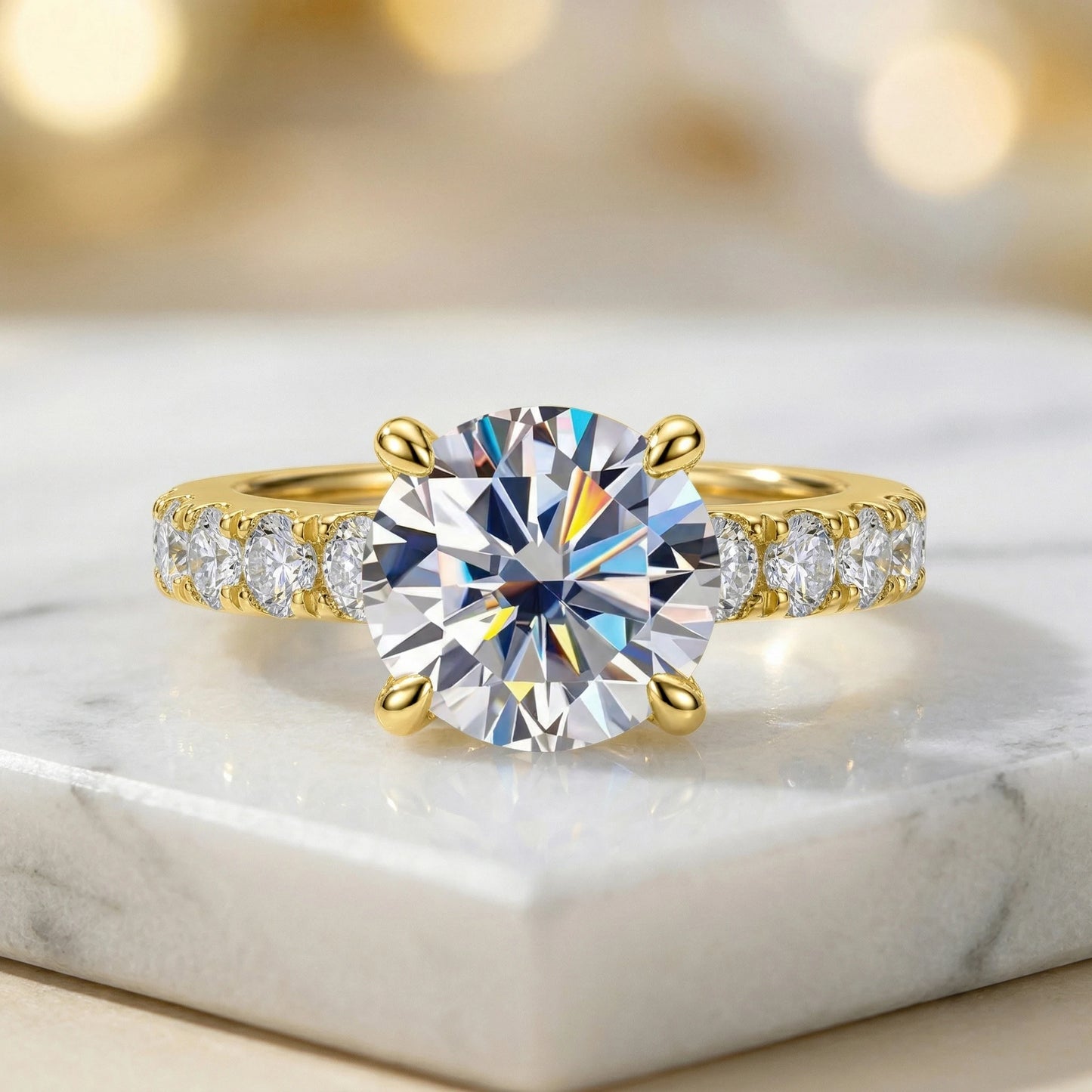 3.5 Carat White Moissanite Ring, 925 Sterling Silver, 18K Gold Plated, 4 Prong Round Center with Side Stones, GRA Certificate