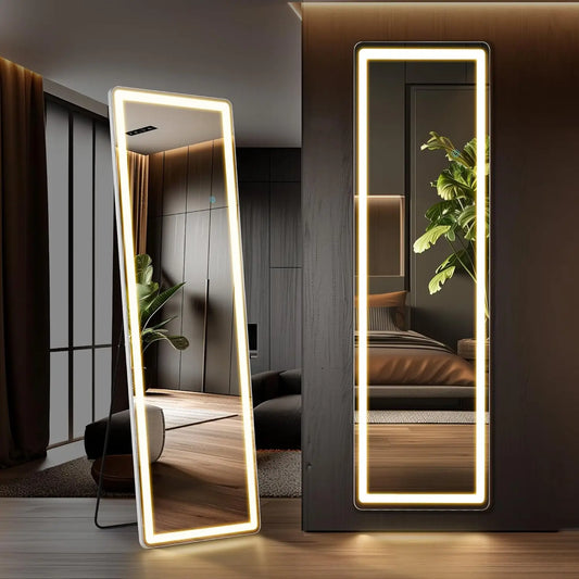 16"×60" Full Length Mirror with Light, LED Floor Full Body Mirror with 3 Color Lighting, Wall Mounted Stand Mirror for Bedroom,
