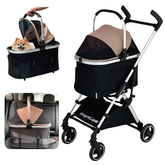 Lightweight Pet Stroller for Small Dogs & Cats Under 20 lb, Converts to Car Seat, One-Hand Fold