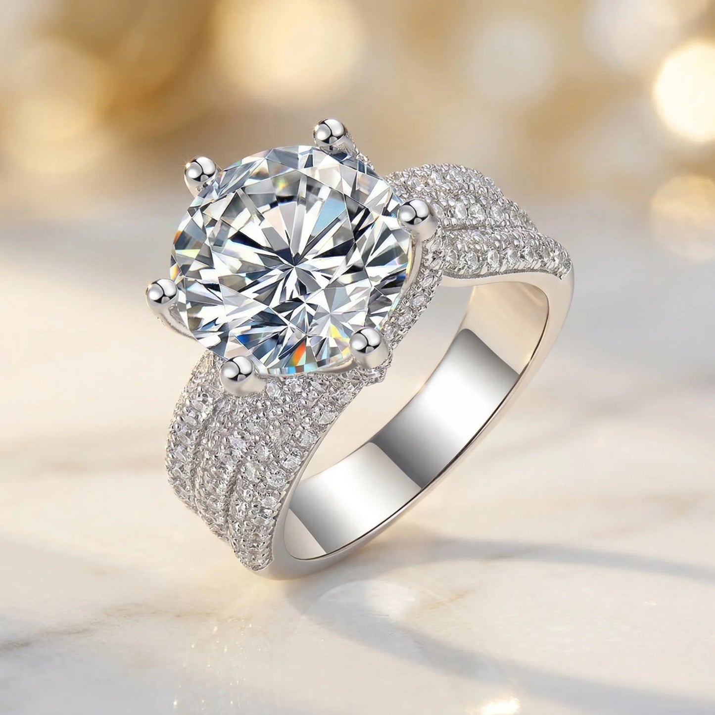 5 Carat Round Moissanite Ring, D Color VVS1, 925 Sterling Silver, Twisted Shank Pave Setting Wedding Band, Pass Diamond Tester