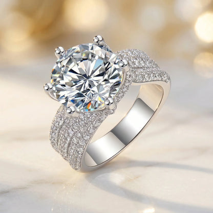 5 Carat Round Moissanite Ring, D Color VVS1, 925 Sterling Silver, Twisted Shank Pave Setting Wedding Band, Pass Diamond Tester