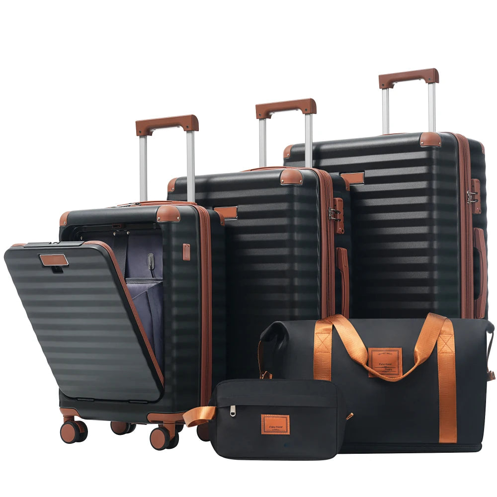 Front Opening Expandable Hardside 5 Piece Luggage Set with USB Port TSA Lock Cup Holder Spinner Wheels Duffel Bag Toiletry Bag