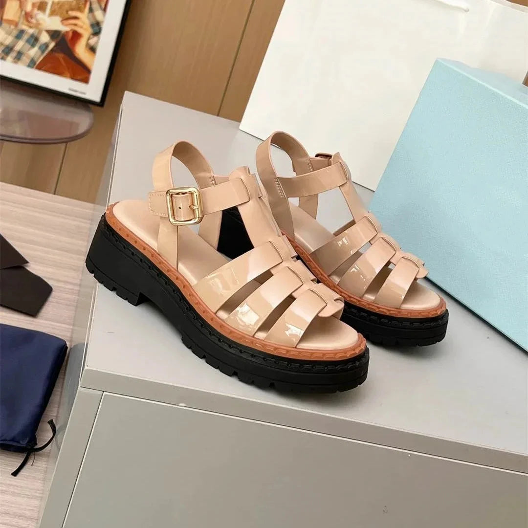 Shoes Women Size35-41 Genuine Leather Sandals Med Heels Gladiator Flat Platform Summer Flats Designer Shoes Zapatillas De Mujer