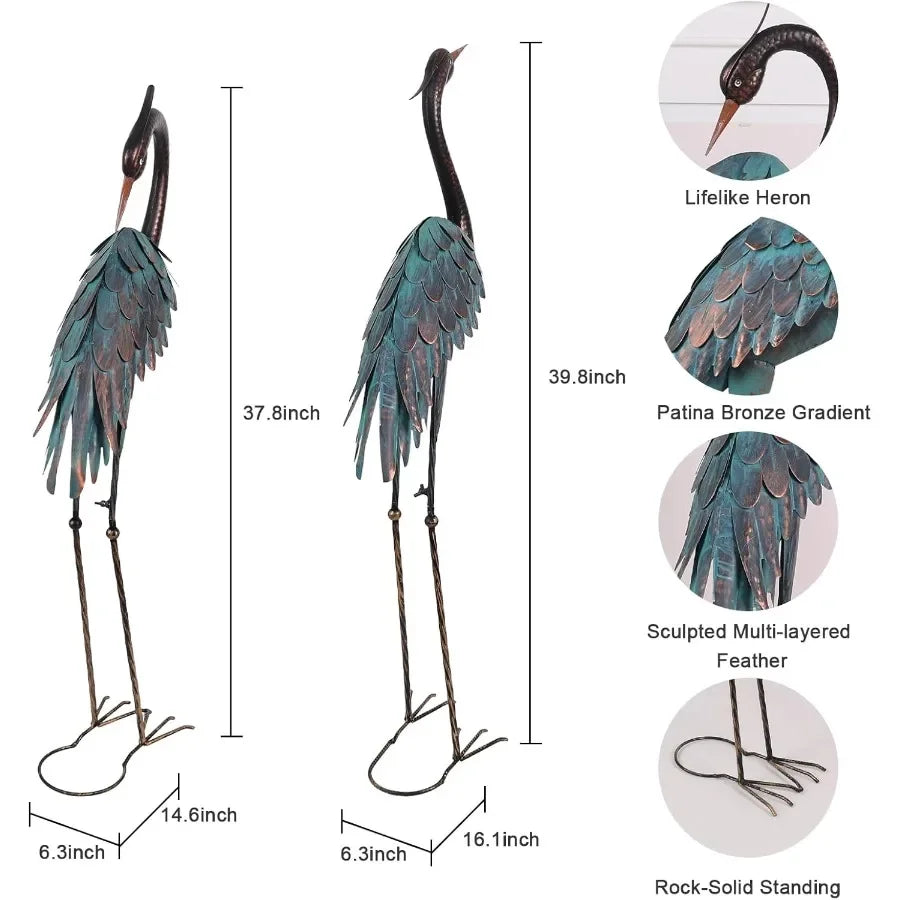Garden Decor Outdoor Statues 40"/37" Large Metal Heron Standing Yard Art Blue Crane Lawn Sculptures Garden Decor for Outside Pa