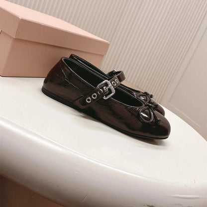 2026 Shoes Women Genuine Leather Ballet Flats Mary Janes Butterfly Knot Round Toes Buckle Strap Designer Shoes Zapatillas