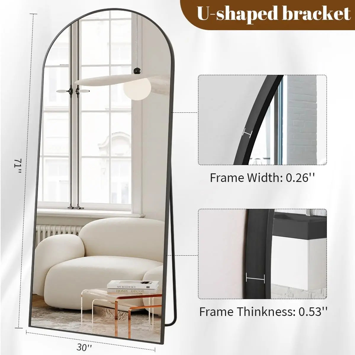 30"x71" Arched Full Length Mirror with Aluminum Alloy Frame, Black Floor Mirror for Living Room and Bedroom
