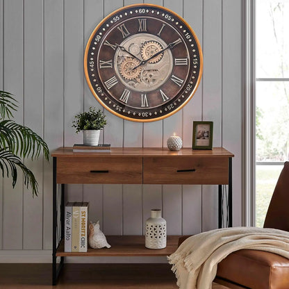 24 Inch Moving Gears Wall Clock, Industrial Steampunk Antique Gold Roman Numeral Decor for Living Room