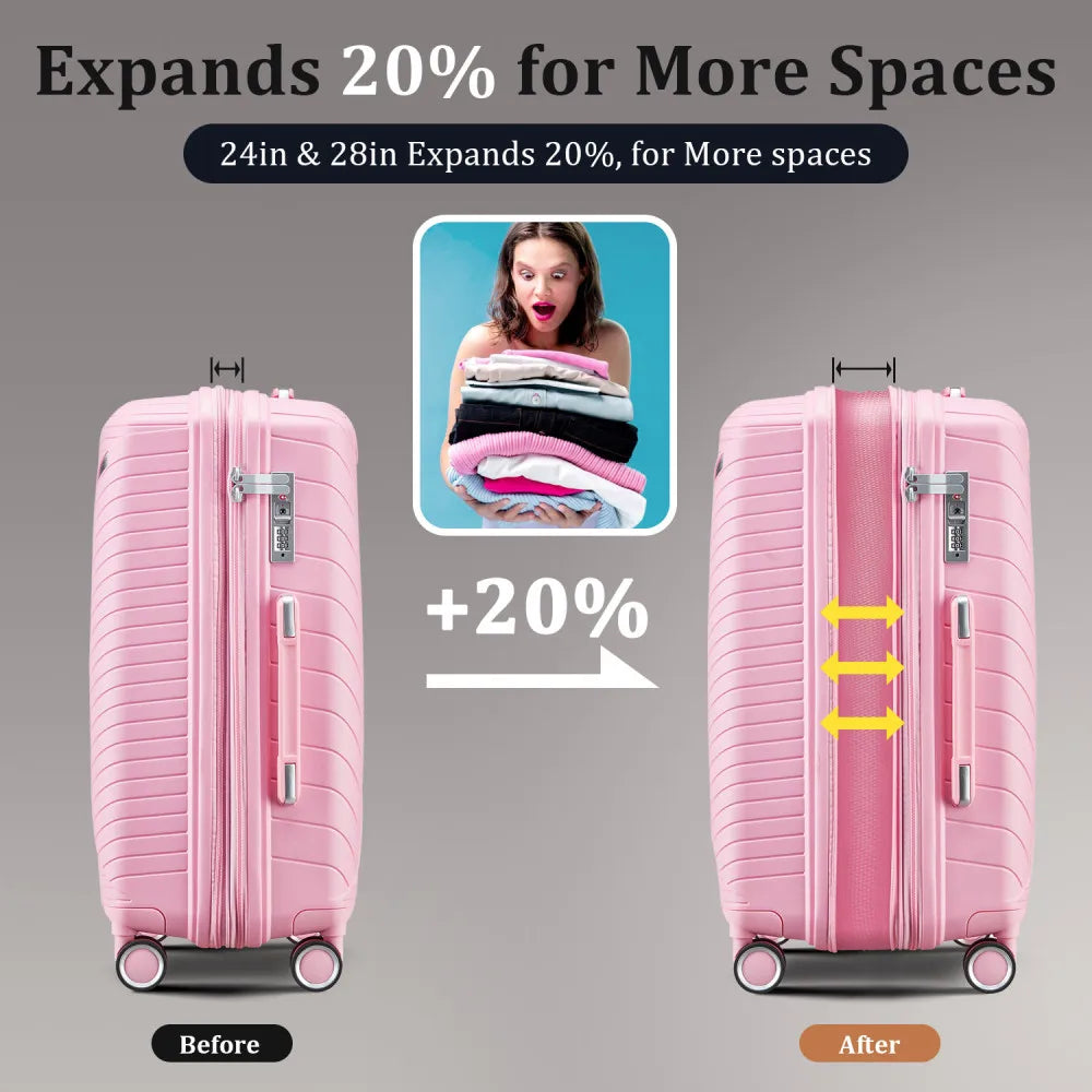 4 Piece Expandable PP Luggage Sets 14 20 24 28 Inch Lightweight Durable Suitcase Double Mute Spinner Wheels TSA Lock