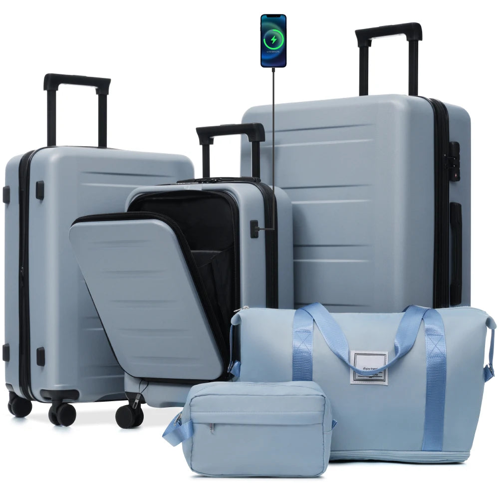 Lightweight 5Pcs Hardside Luggage Sets, Front Opening Expandable Suitcase with USB & TSA Lock, 3 Sizes Spinner Wheels