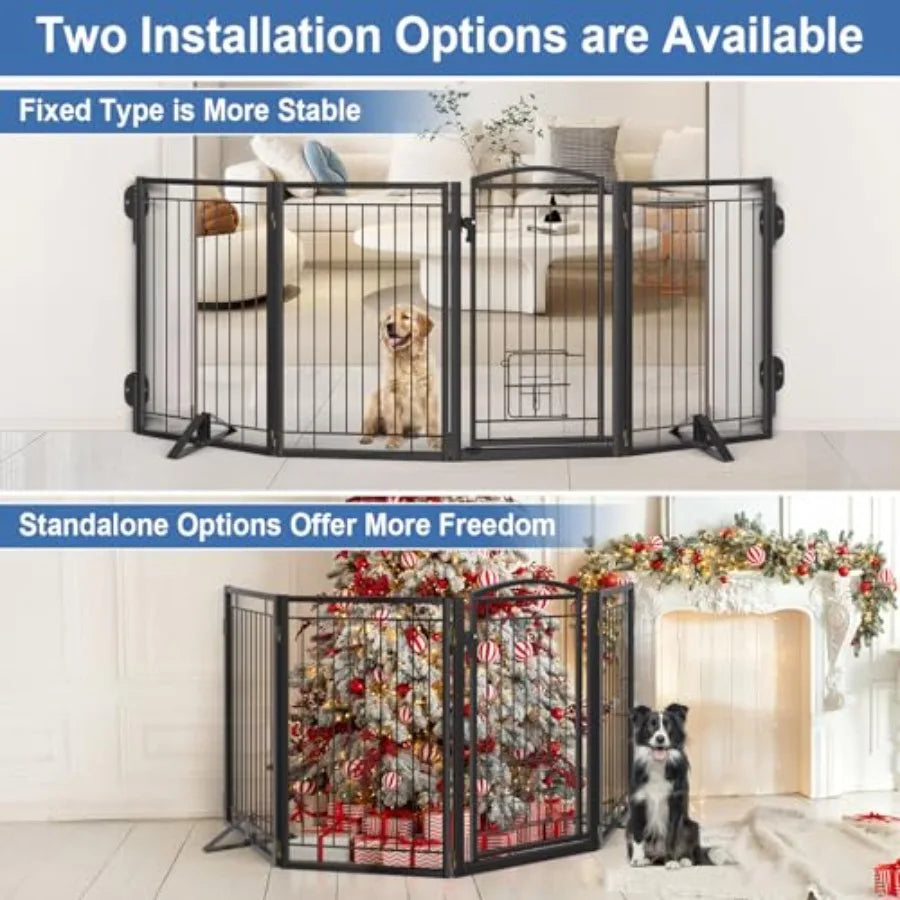 Full Metal Freestanding Dog Gate with Cat Door for OutdoorandIndoor32" Tall Foldable Dog Fence 80" Extra Wide Freestanding Pet