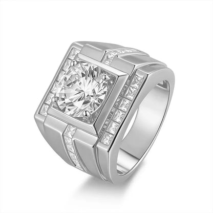 4 Carat Round Moissanite Ring, 925 Silver, D Color VVS1, Square Halo Channel Set, Men's Wedding Band, Pass Diamond Tester