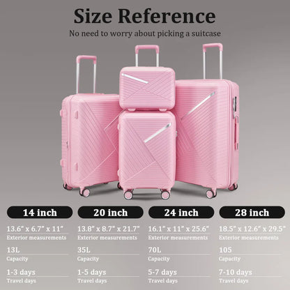 4 Piece Expandable PP Luggage Sets 14 20 24 28 Inch Lightweight Durable Suitcase Double Mute Spinner Wheels TSA Lock