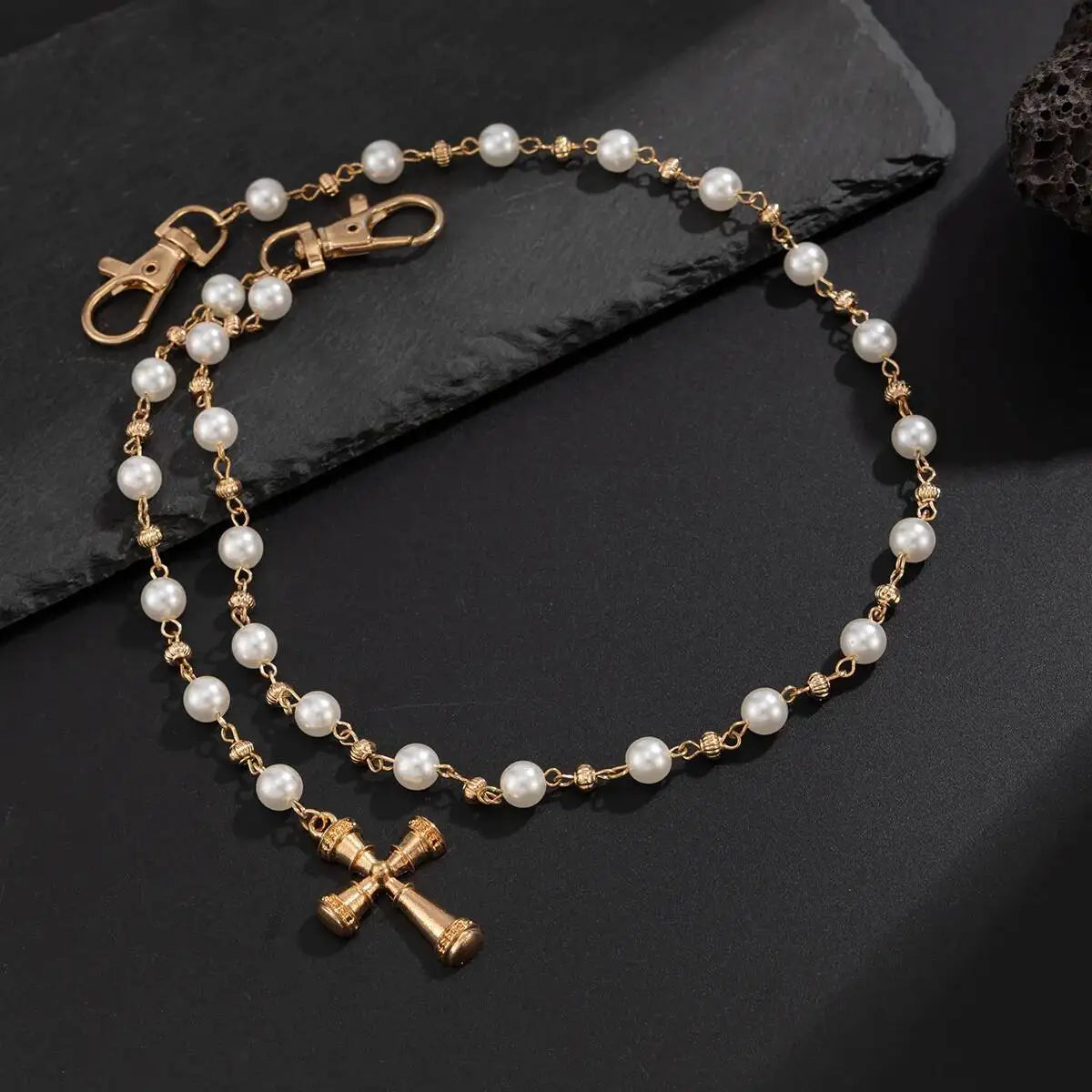 Ingemark Creative Cross Pendant Imitation Pearl Keychain Wallet Belt Chain for Men Women Trousers Hipster Jeans Chain Jewelry