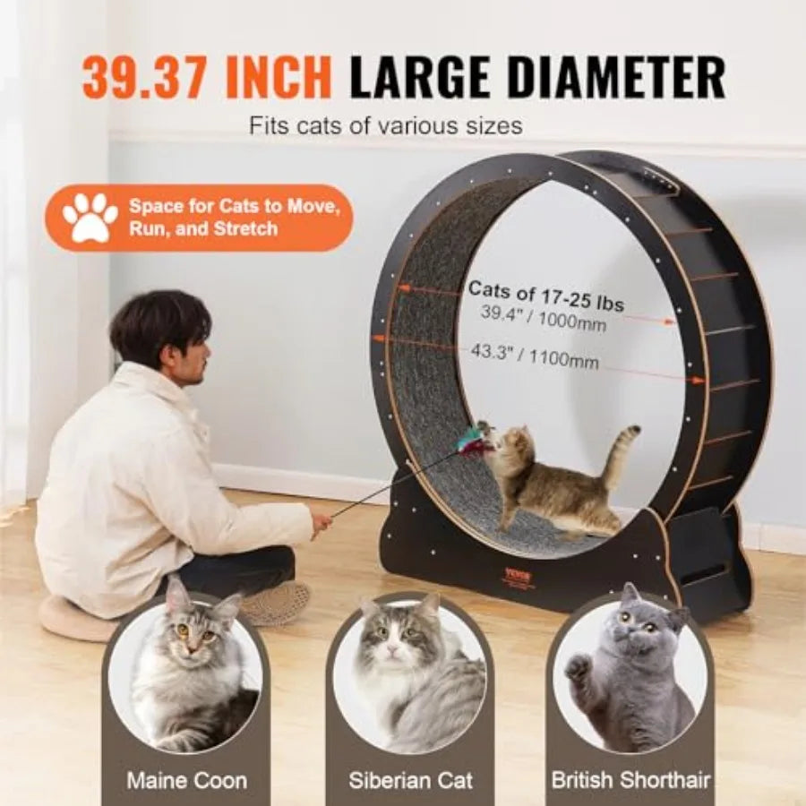 Cat Exercise Wheel 43.3" Large Cat Treadmill for Indoor Pets Running Wheel with Detachable Carpet and Cats Teaser Toy for Runni