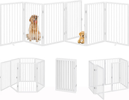 Folding No-Assembly Metal Pet Gate, 120" Wide & 32" Tall with Door, Freestanding for Indoor/Outdoor Use in White