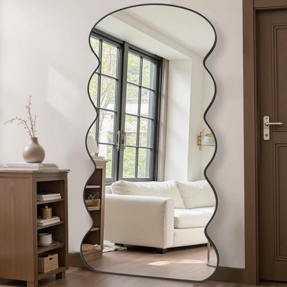 71"x28" Wavy Full Length Mirror with Stand for Bedroom, Living Room, Black - Tiltable & Wall Mountable