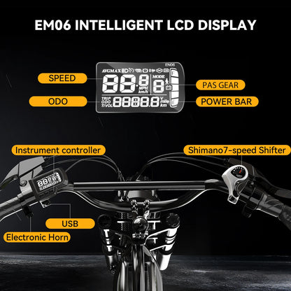 Cybervelo 20" Fat Tire All-Terrain E-Bike, 48V 20AH Detachable Battery, 1000w Motor 30MPH 80Miles+ Electric Bike for Adult EK11