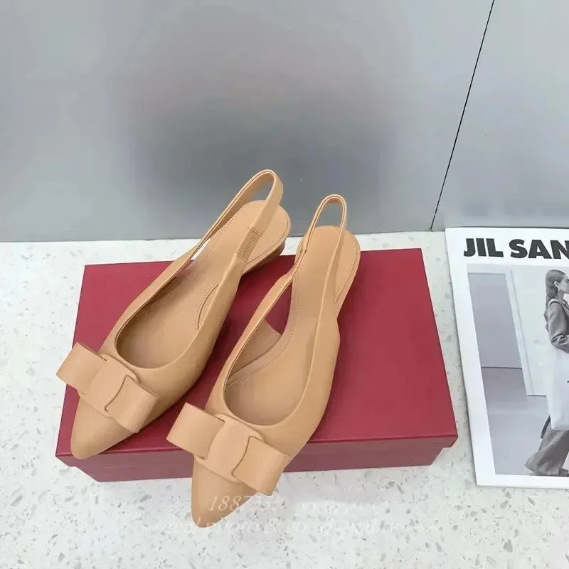 2026 spring and summer new leather pointe women's sandals low heel wedge bow shallow mouth simple sandals
