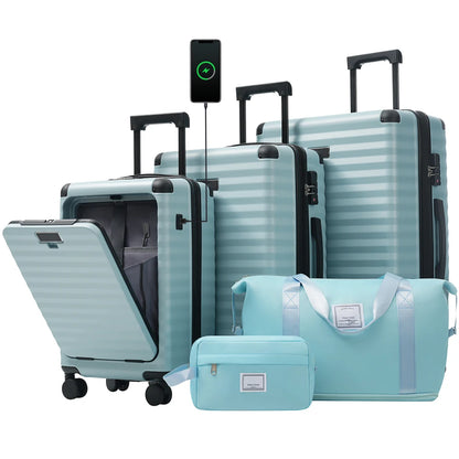 Front Opening Expandable Hardside 5 Piece Luggage Set with USB Port TSA Lock Cup Holder Spinner Wheels Duffel Bag Toiletry Bag