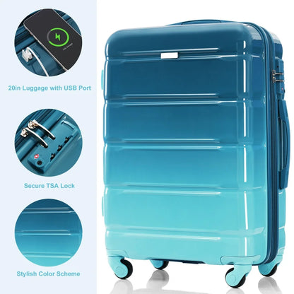 20 Inch 5 Piece ABS+PC Hard Shell Luggage Set USB Port Travel Bag Spinner Wheels Durable Suitcase Blue