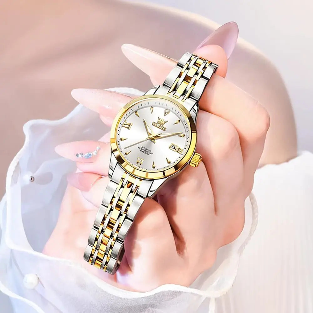 OLEVS Womens Automatic Watch Gold Luxury Diamond Sel Winding Ladies Wrist Watches Waterproo Luminous Date