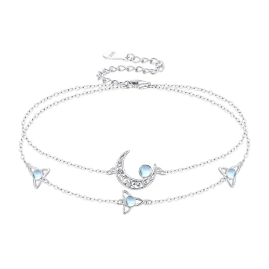 Moon Layered Bracelet 925 Sterling Silver Celtic Moon Moonstone Anklet Irish Celtic Knot Jewelry Gifts for Women