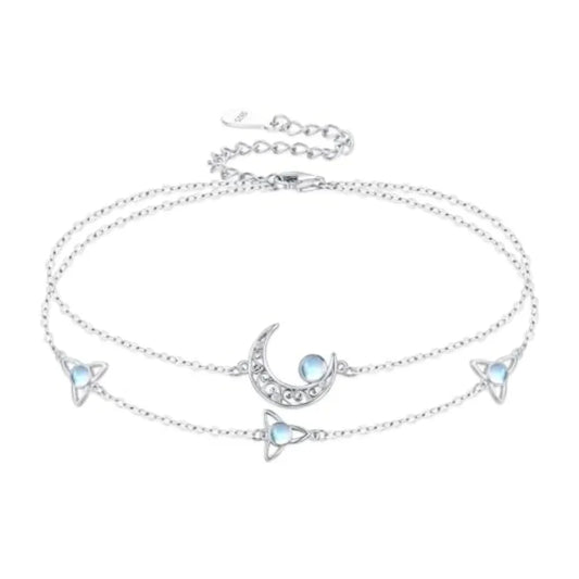 Moon Layered Bracelet 925 Sterling Silver Celtic Moon Moonstone Anklet Irish Celtic Knot Jewelry Gifts for Women