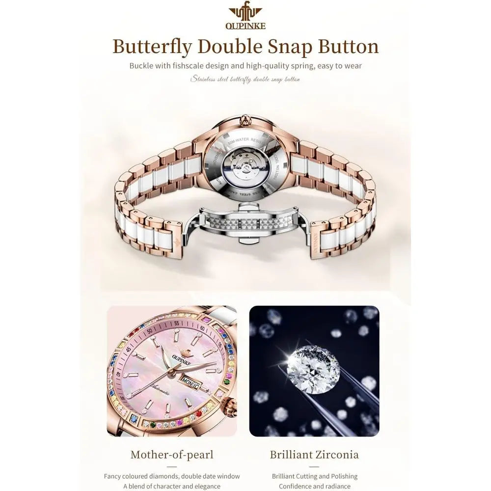 OUPINKE Women Automatic Watches Colorul Diamond Elegant Luxury DrLadies Rose Gold Mechanical Sapphire Crystal Wrist Watch