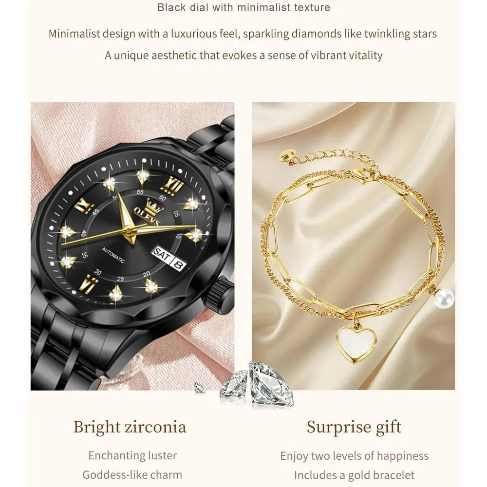 OLEVS Womens Watches Casual ern Diamond Automatic Mechanical Ladies Sel Winding DrTwo Tone Wrist Watch Date Day