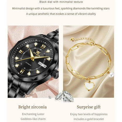 OLEVS Womens Watches Casual ern Diamond Automatic Mechanical Ladies Sel Winding DrTwo Tone Wrist Watch Date Day