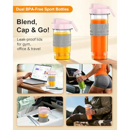 Personal Smoothie Blender 650W with Grinder Cup and 2 BPA-Free Portable Cups 20oz+14oz for Shakes Juices Smoothies Maker Pink