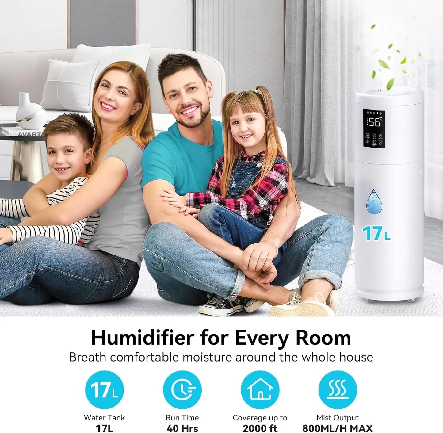 Large Room Humidifier 2000 sq.ft, 17L Capacity with Extension Tube, 4 Speed Mist & 360° Nozzle for Home Office Greenhouse