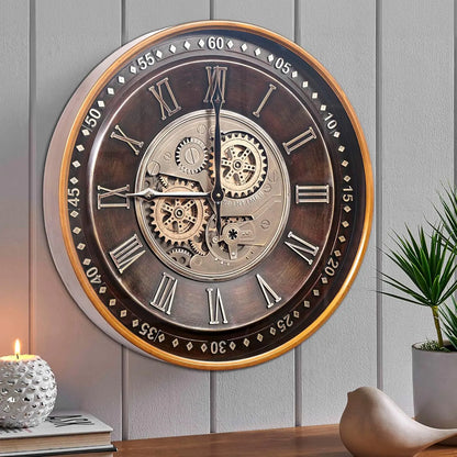 24 Inch Moving Gears Wall Clock, Industrial Steampunk Antique Gold Roman Numeral Decor for Living Room
