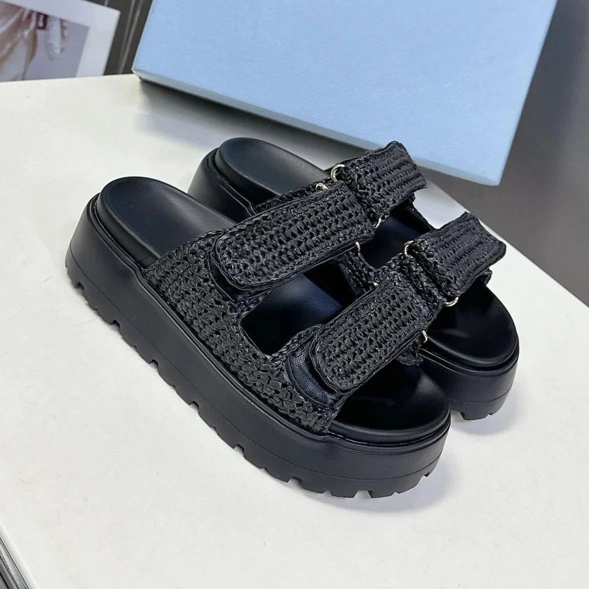2025 New Summer Handmade Beach Slides For Woman Espadrilles Mules Shoes Magic Tape Thick Sole Woman Slippers FlipFlops